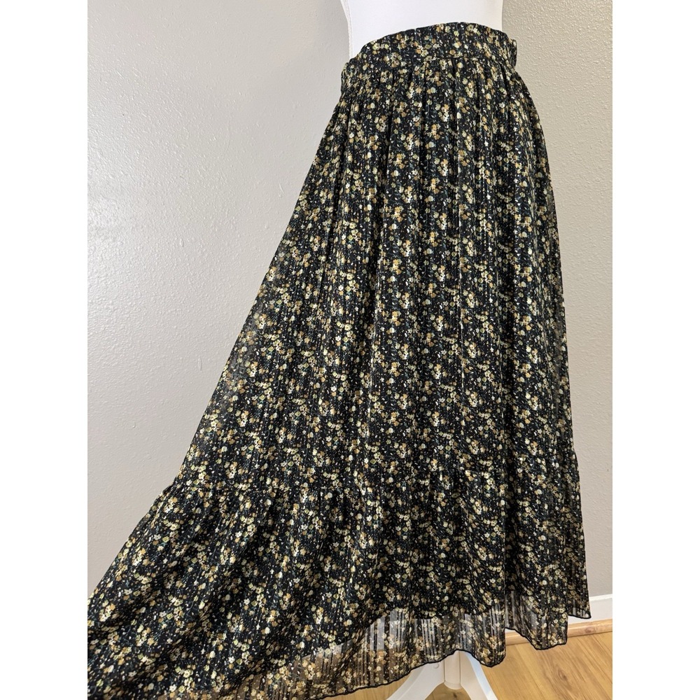 Oysho Ditzy Dark Moody Floral Tiered Maxi Skirt Metallic Thread Whimsigoth Boho